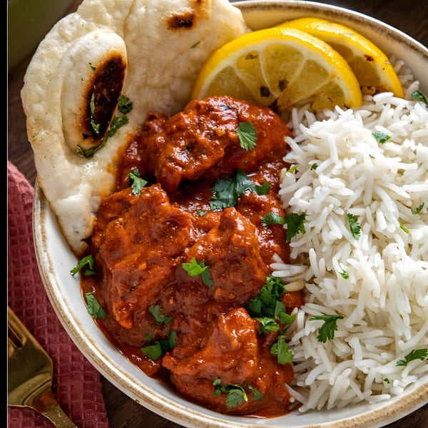 Saffron Indian Cuisine's butter chicken with basmati rice, naan bread, and lemon wedges in a bowl.