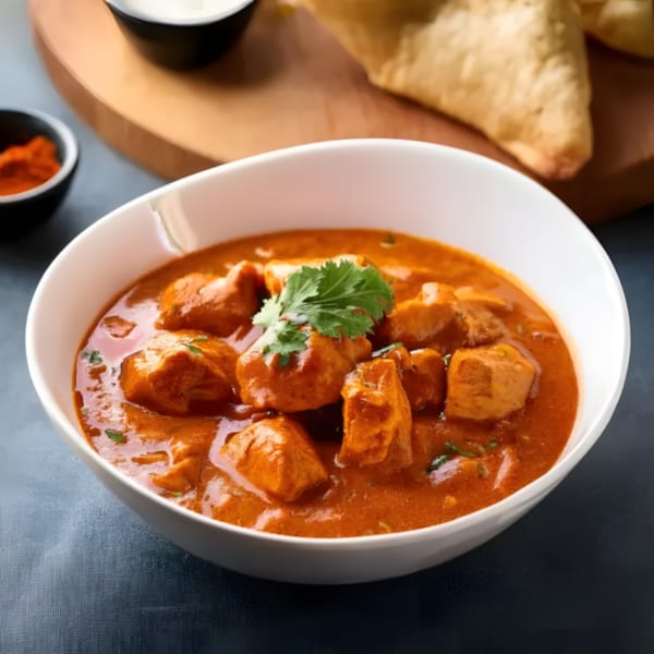 A white bowl of Saffron Indian Cuisine's chicken tikka masala, garnished with cilantro.