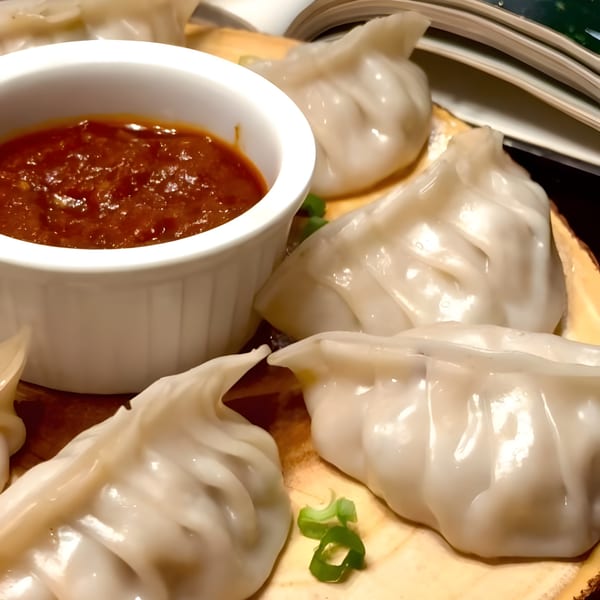 Steamed momos with a side of red dipping sauce and green onions on a wooden board.